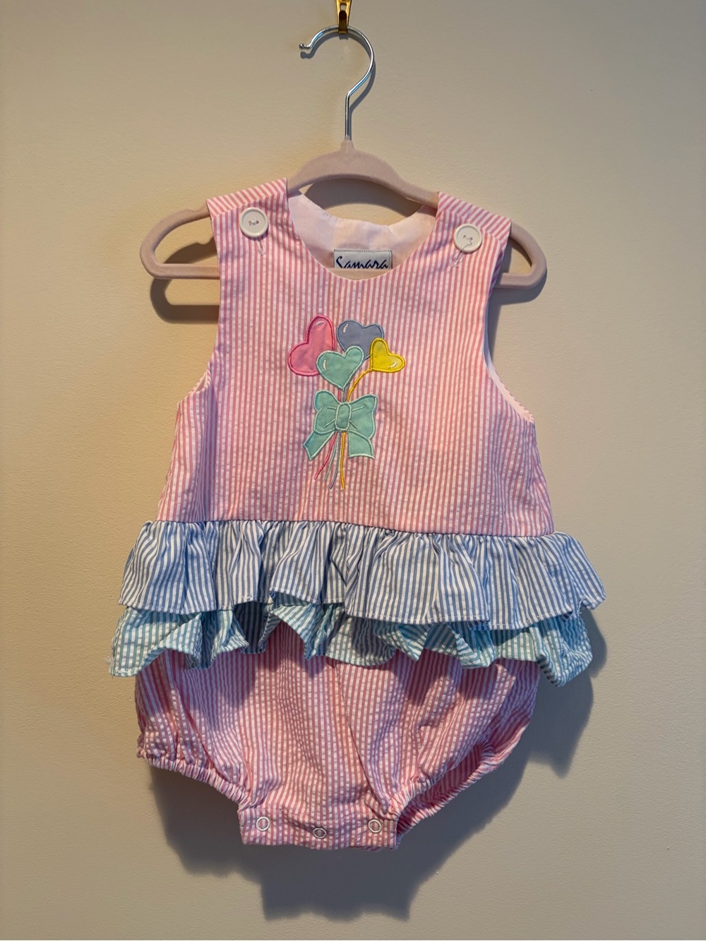 Samara Pink Striped Baby Bubble Romper with Ruffle Accents